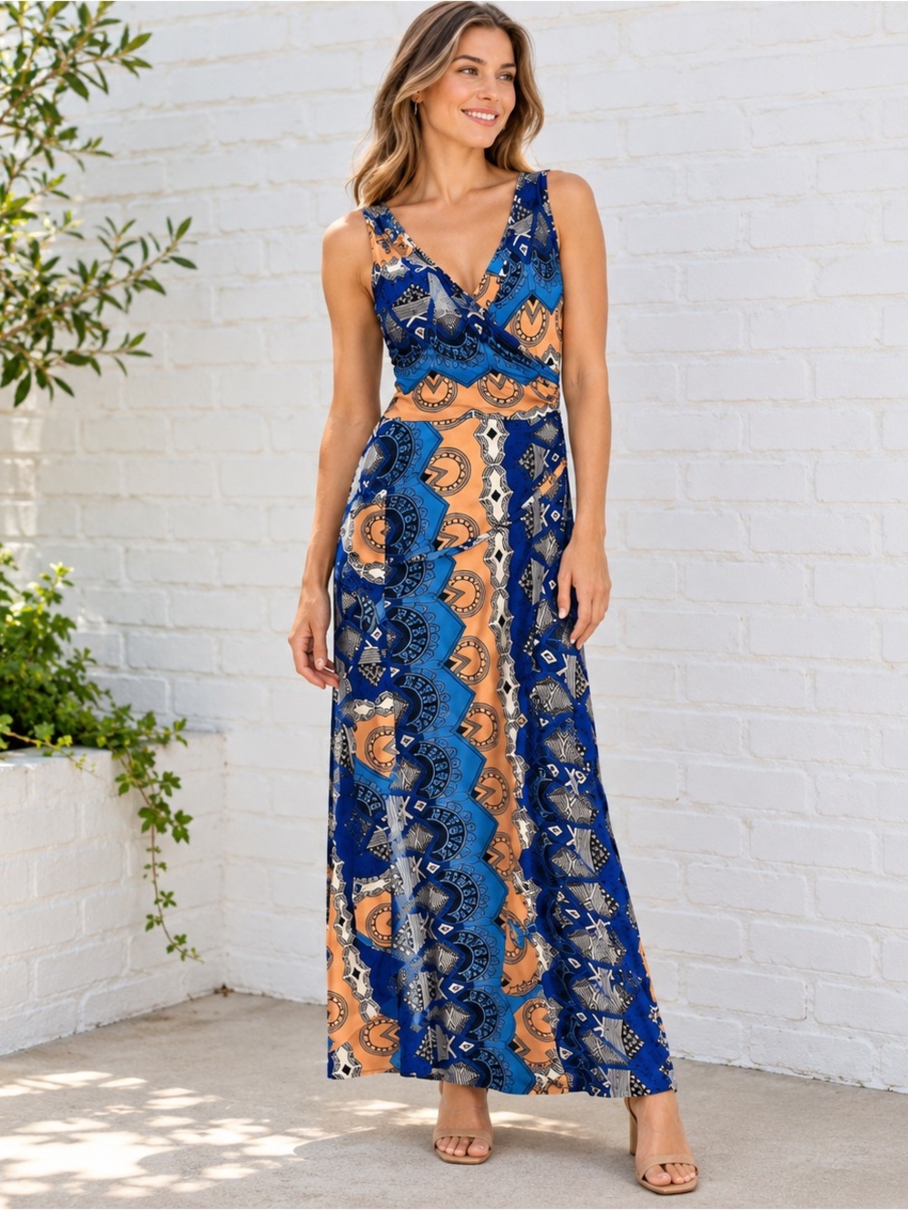 TRUE LIGHT Blue & Tan Sleeveless Printed Maxi Dress